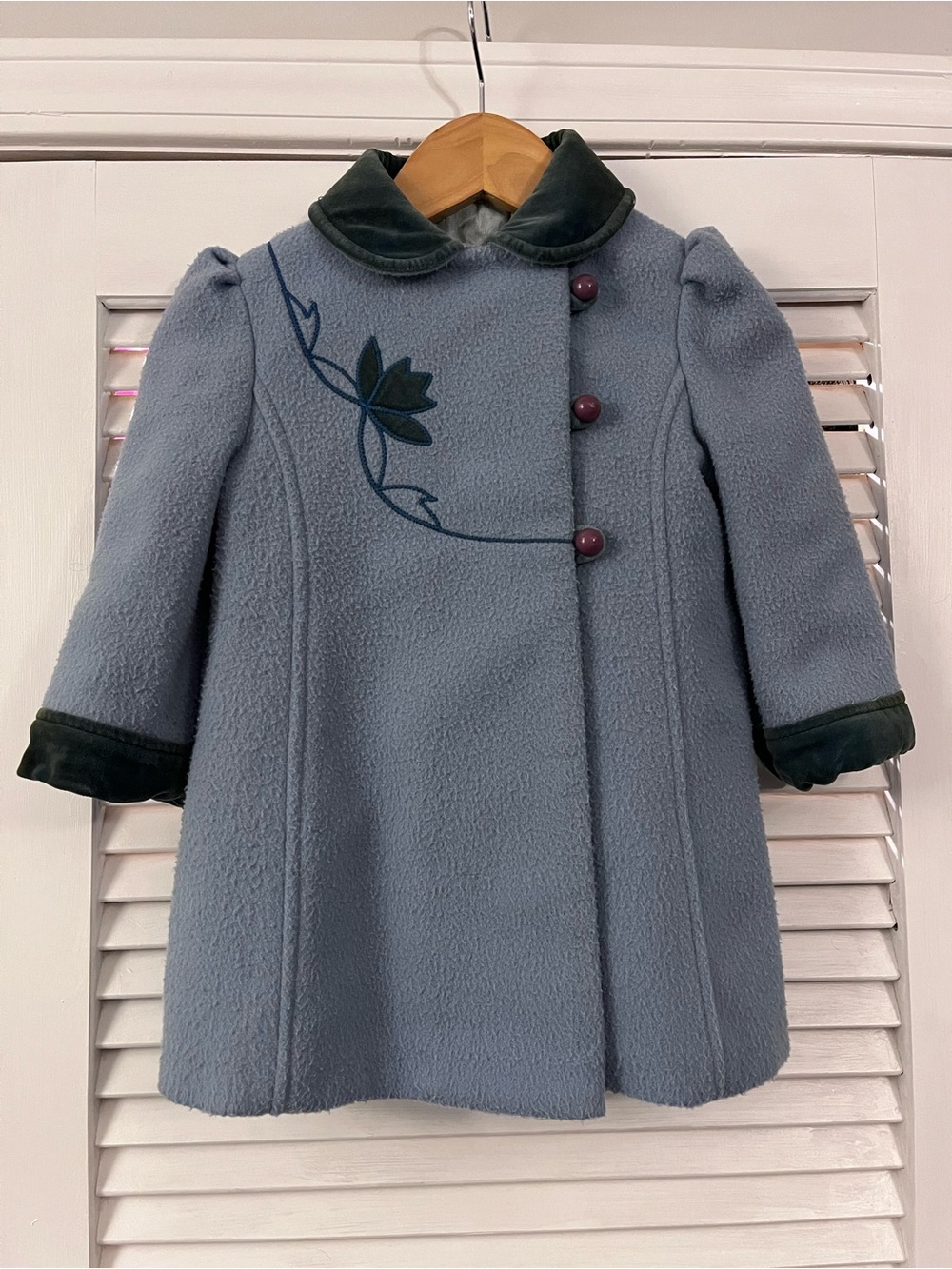 VintageTailored by Cute Togs Blue Floral-Embroidered Coat with Velvet Trim
